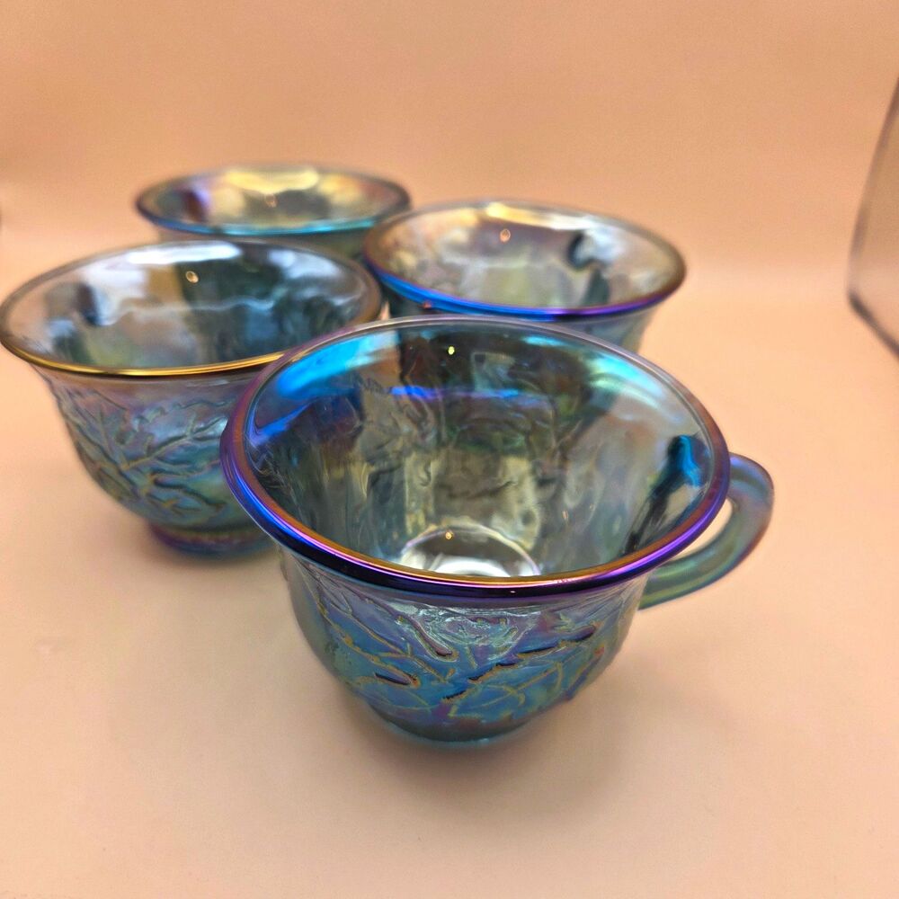 Vintage Set of 4 Blue Iridescent Carnival Glass Handled Grape & Leaf Cups